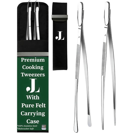 With Pure Felt Pouch. The Precision Touch Premium Kitchen Cooking Tweezers 2PC Set.